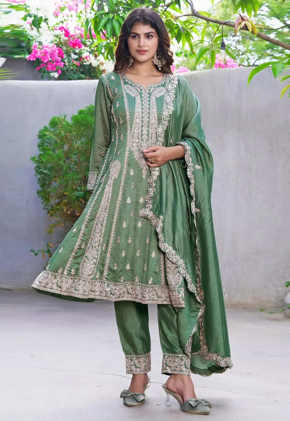 Green Silk Readymade Pant Style Suit 334824