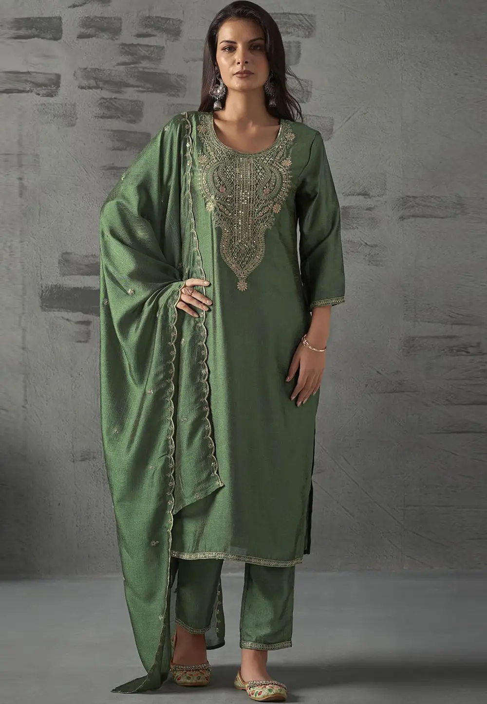 Green Silk Readymade Pant Style Suit 331054