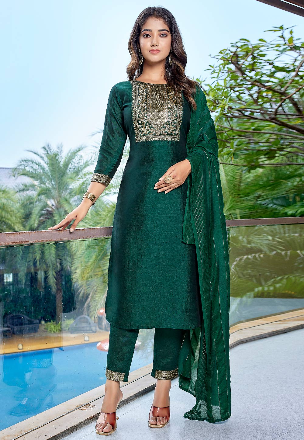 Green Silk Readymade Pant Style Suit 308403