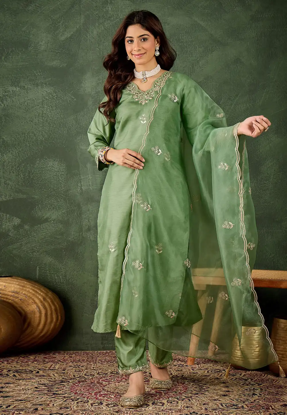 Green Silk Readymade Pant Style Suit 314337