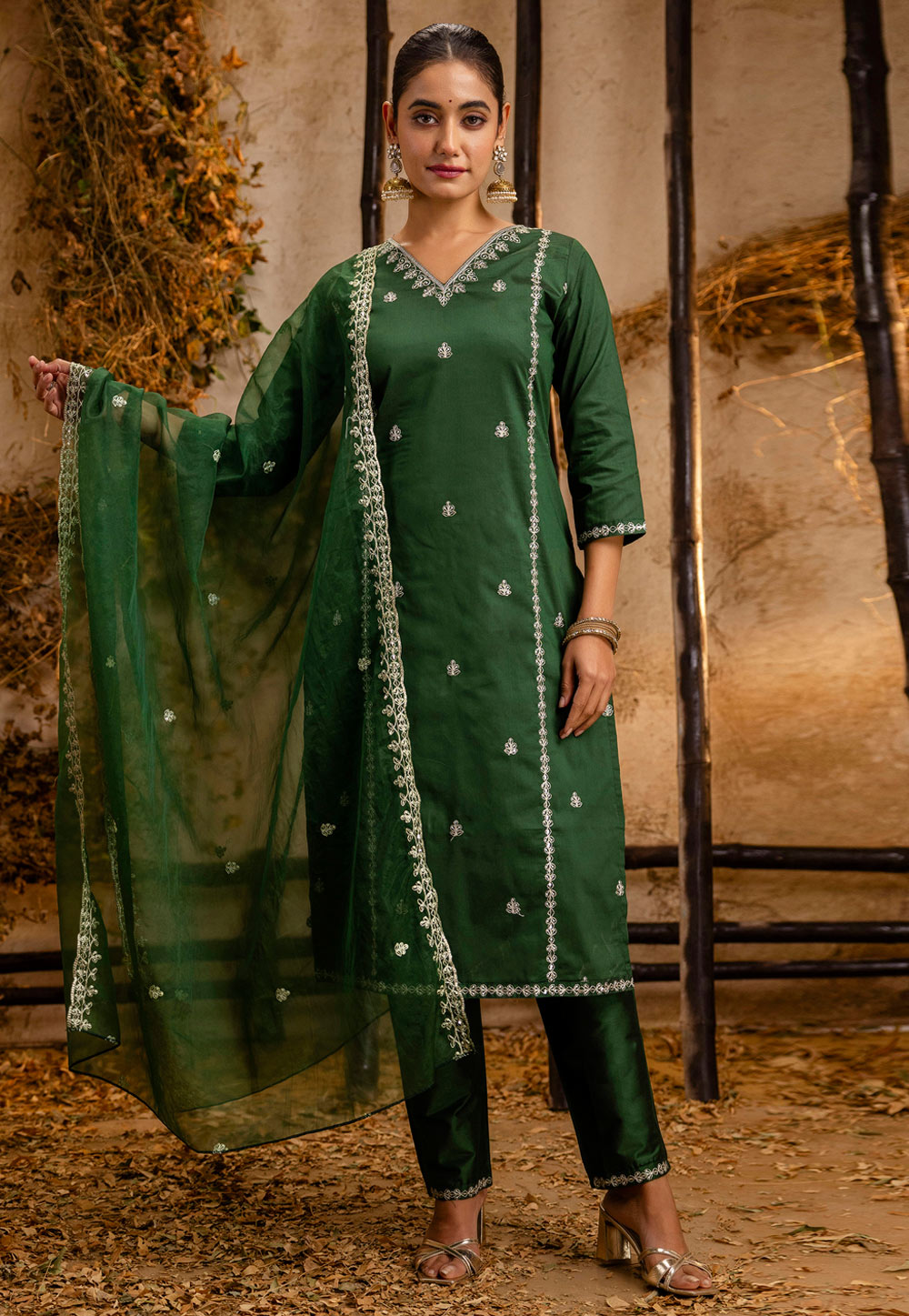 Green Silk Readymade Pant Style Suit 329986