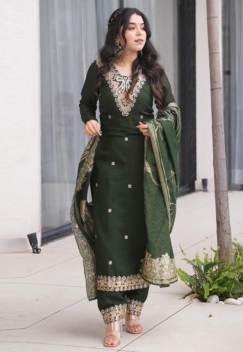 Green Silk Readymade Pant Style Suit 312474