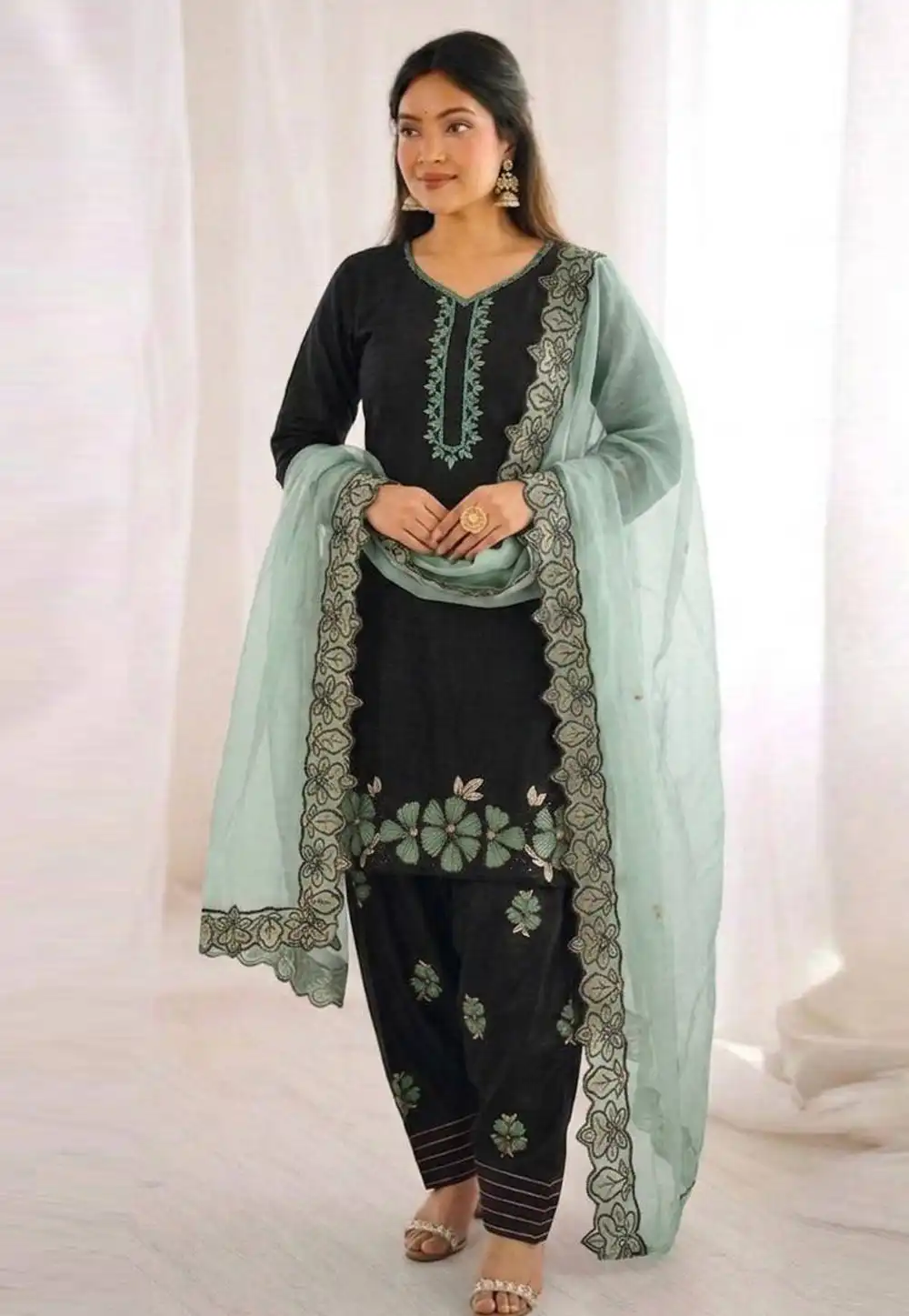 Green Silk Readymade Patiala Suit 327333