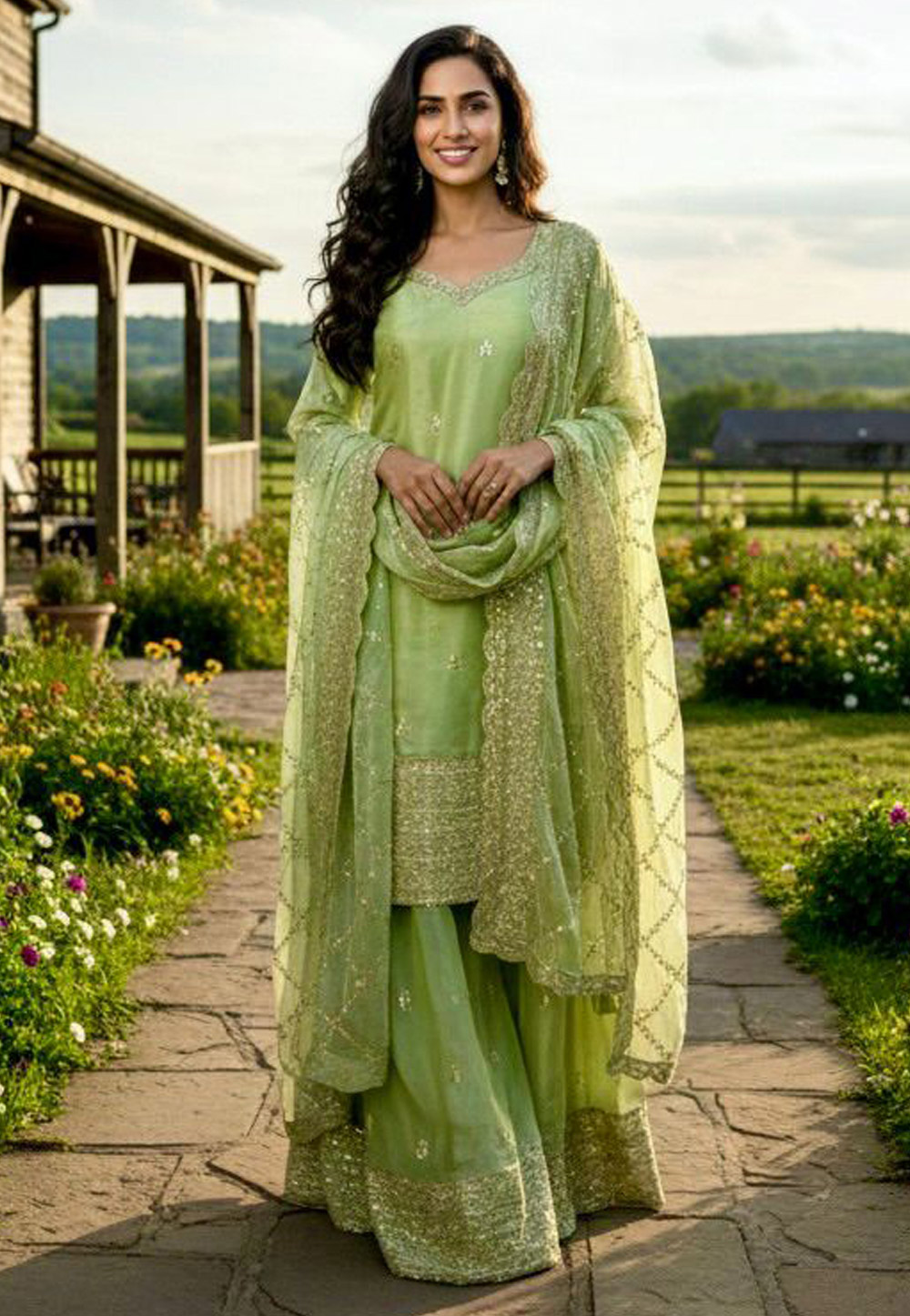 Green Silk Readymade Sharara Suit 325543