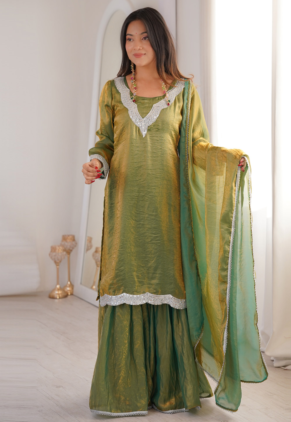 Green Silk Readymade Sharara Suit 324141