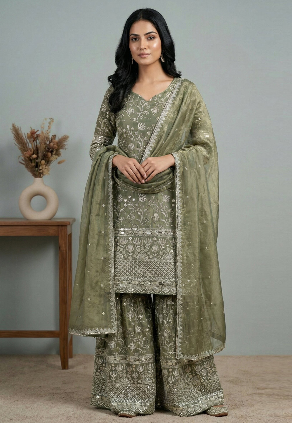 Green Silk Readymade Sharara Suit 324787