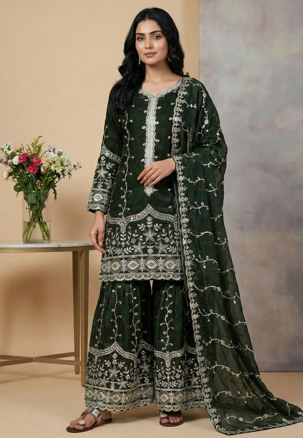 Green Silk Readymade Sharara Suit 324994