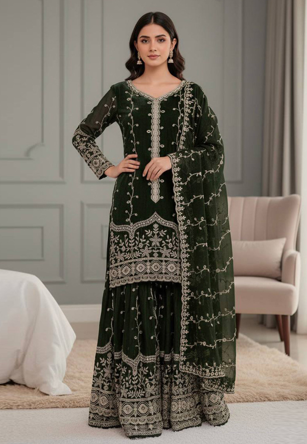 Green Silk Readymade Sharara Suit 321005