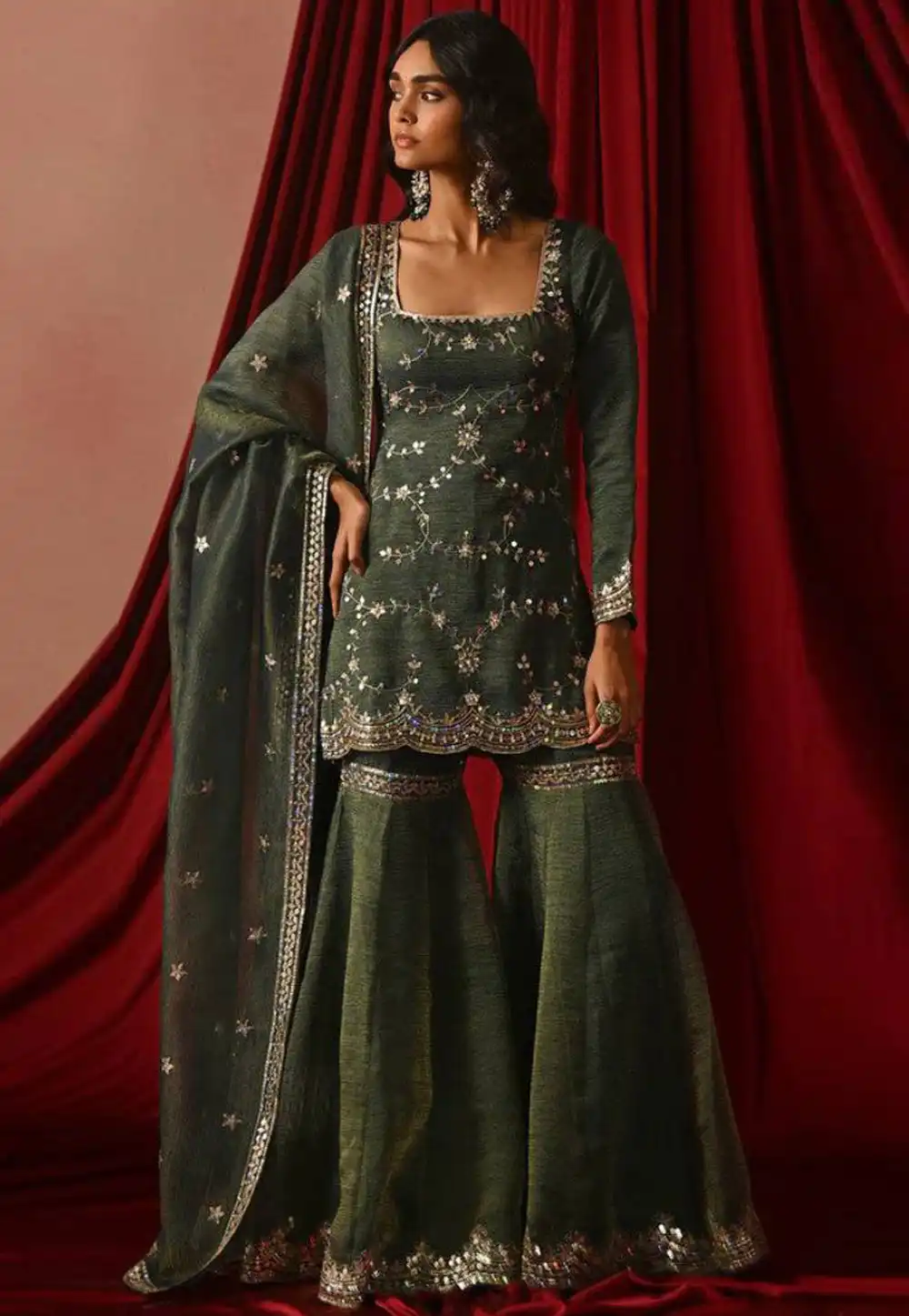 Green Silk Readymade Sharara Suit 329215