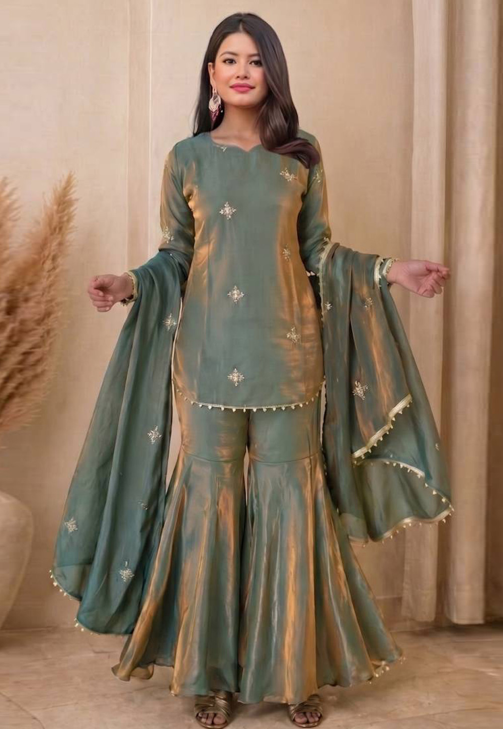 Green Silk Readymade Sharara Suit 329218