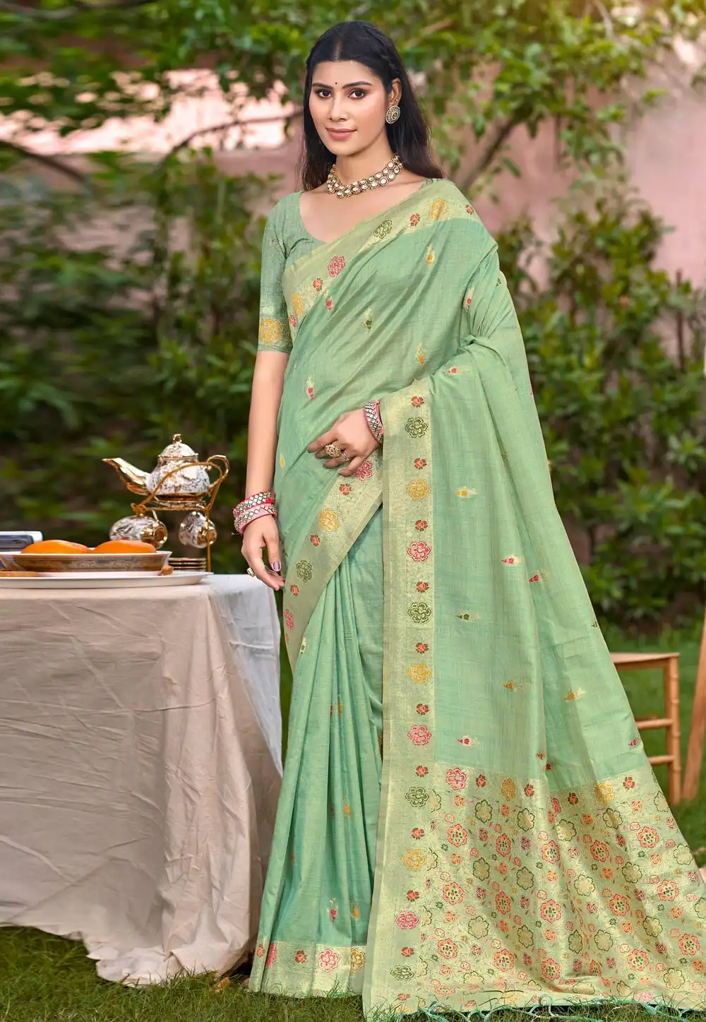 Green Silk Saree With Blouse 315367