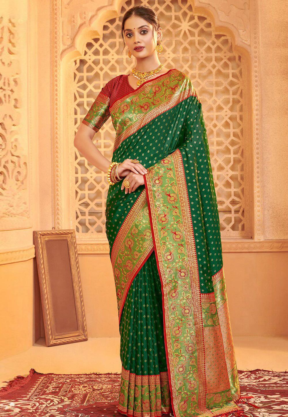 Green Silk Saree With Blouse 324343