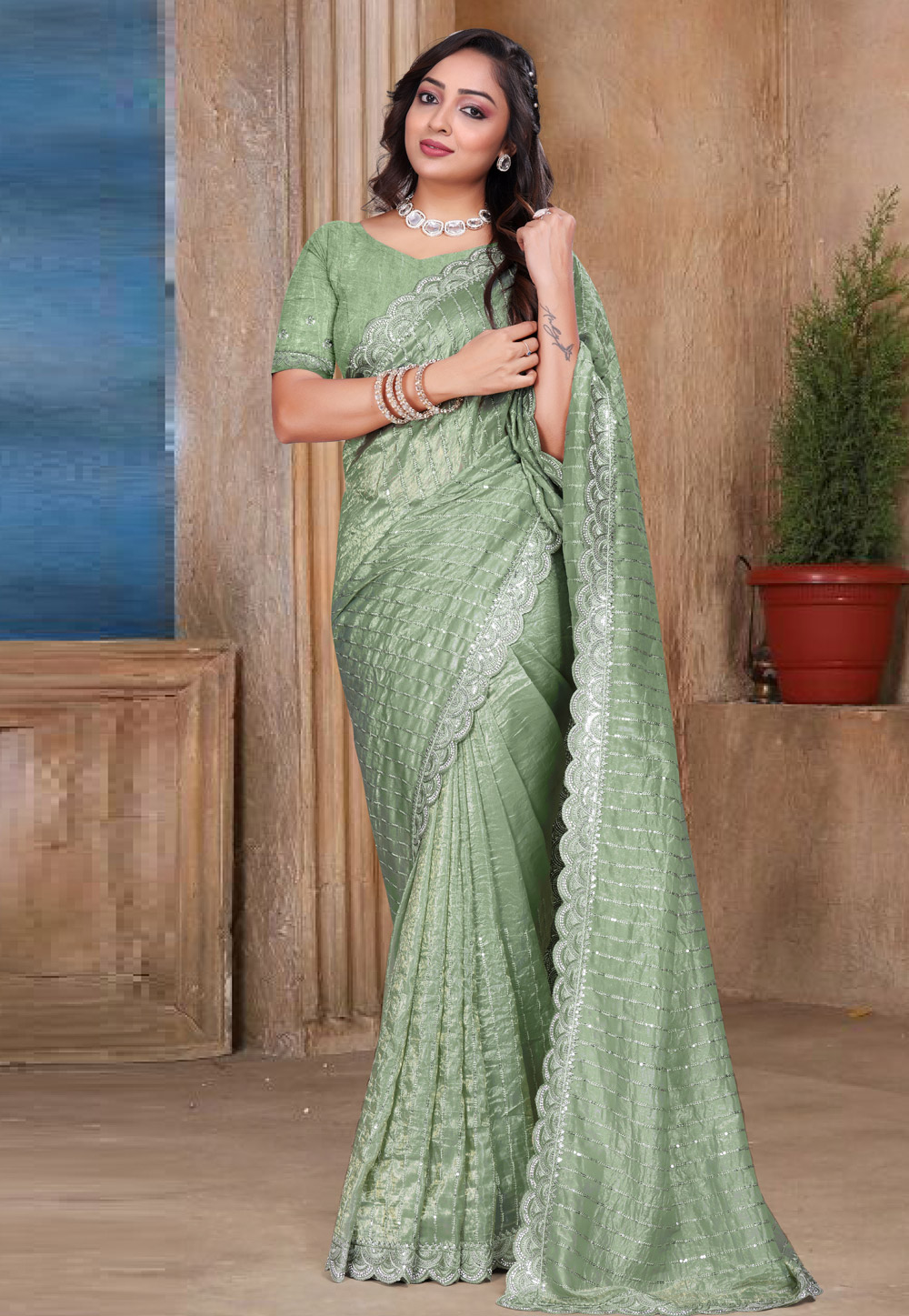 Green Silk Saree With Blouse 312534
