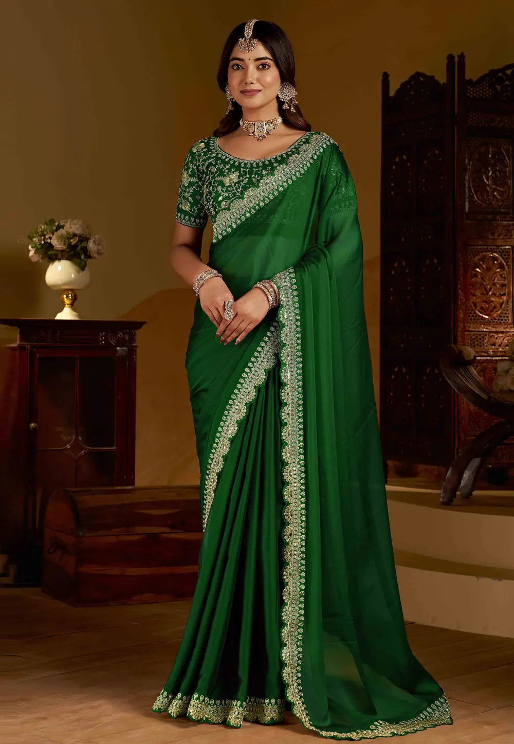 Green Silk Saree With Blouse 332593