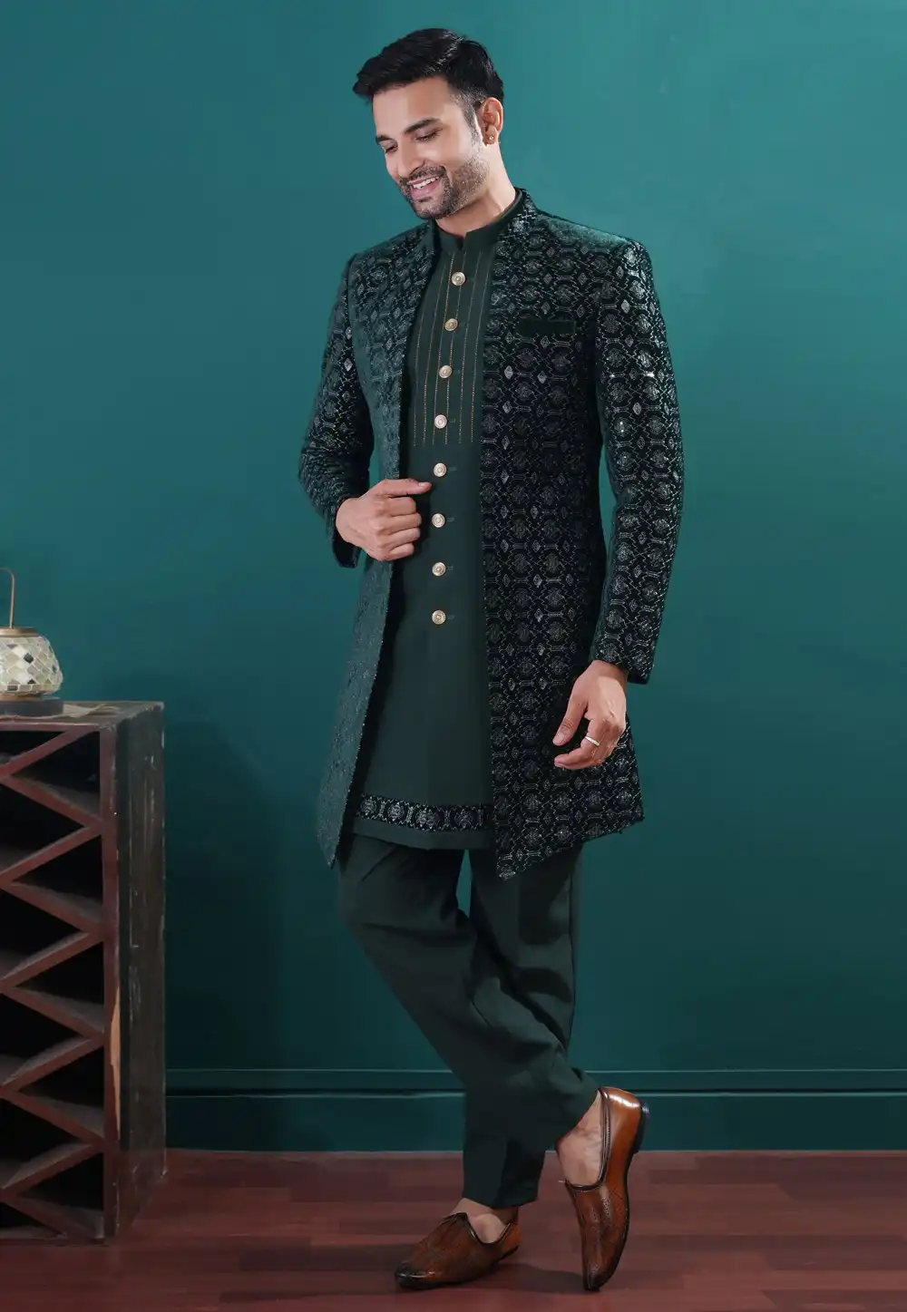 Green Silk Satin Indo Western Suit 317835