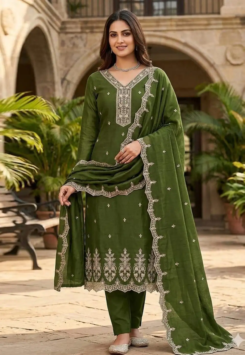 Green Silk Straight Suit 330887