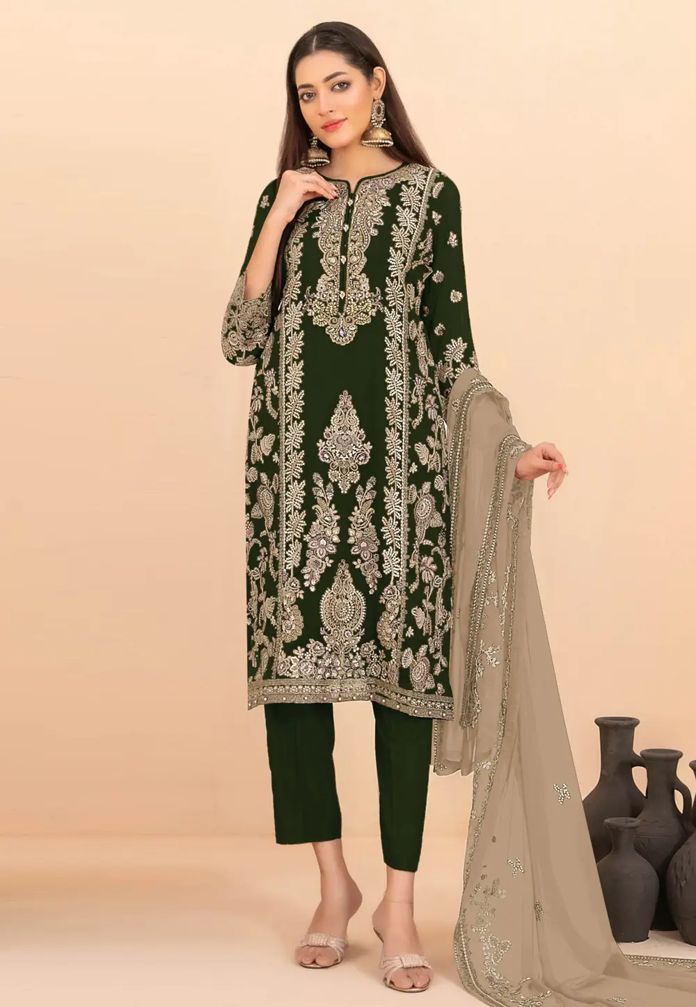 Green Silk Straight Suit 332484