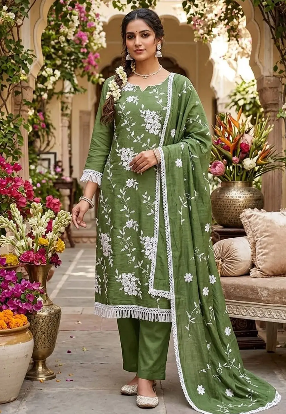 Green Silk Straight Suit 335558