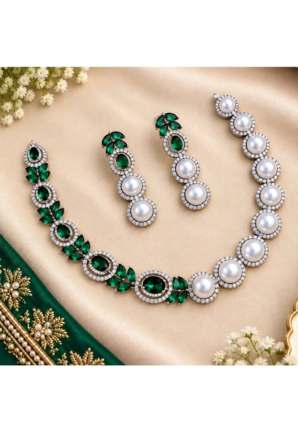 Green Stone Necklace With Earrings 335559