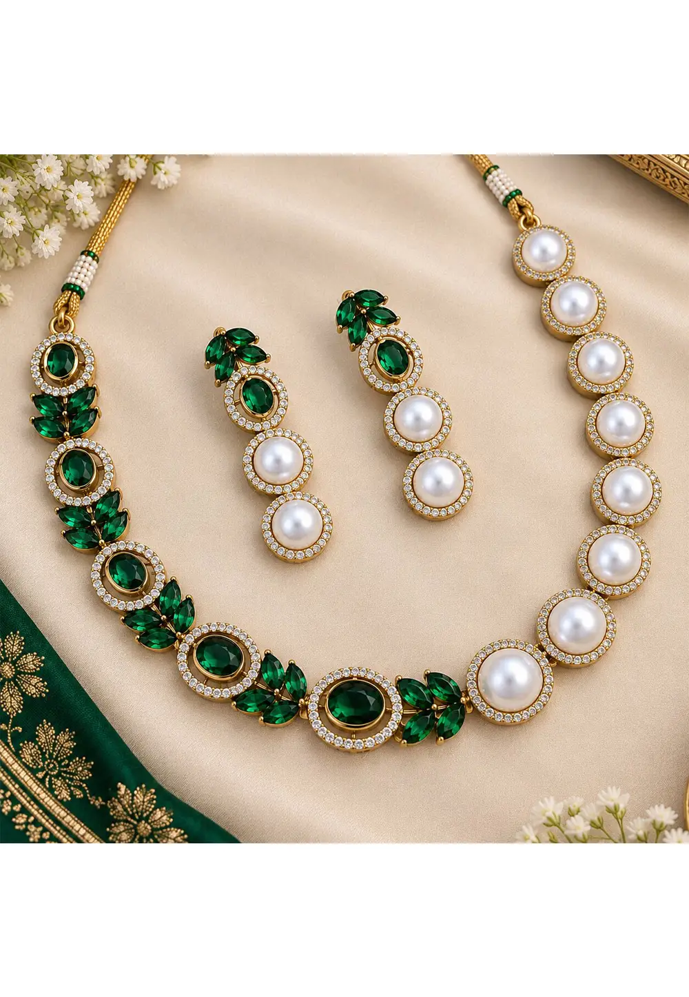 Green Stone Necklace With Earrings 335567