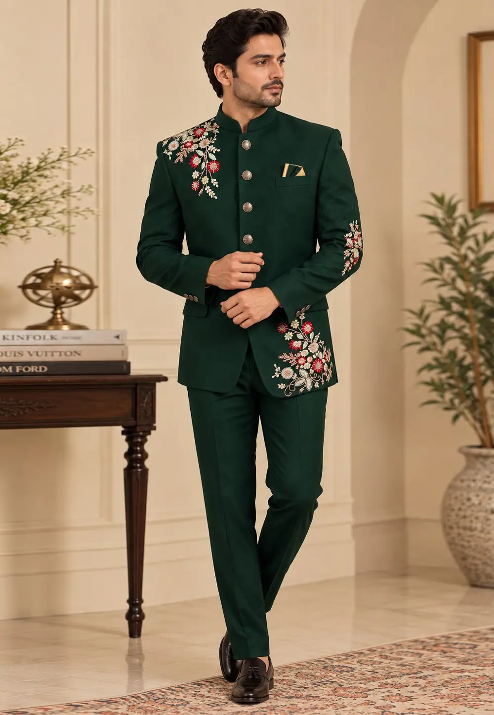 Green Suiting Bandhgala Suit 336415