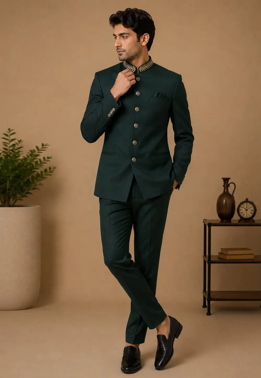 Green Suiting Bandhgala Suit 336433