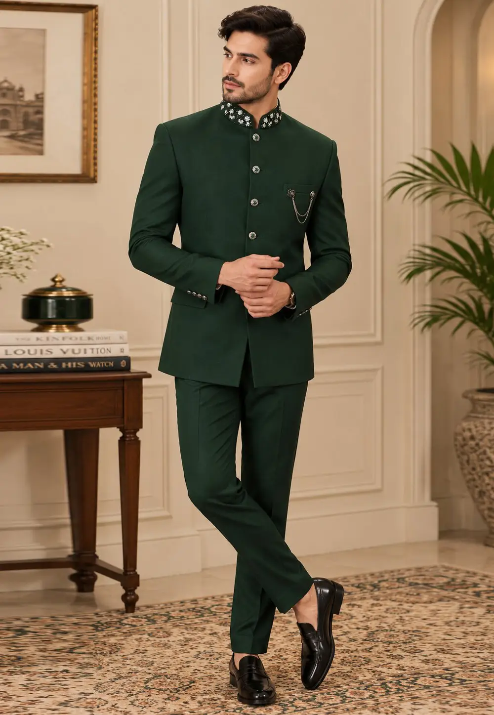 Green Suiting Jodhpuri Suit 336408