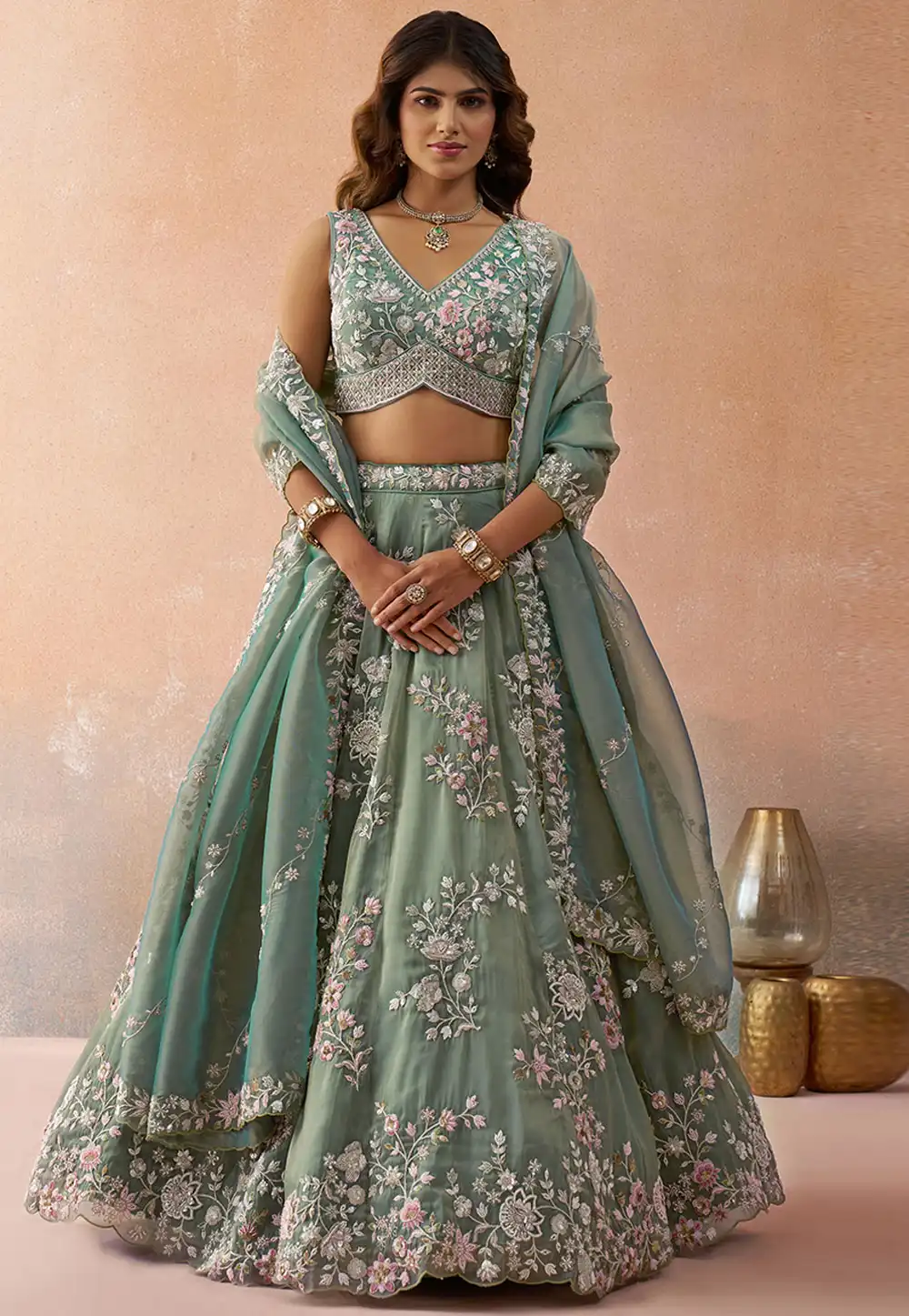 Green Tissue Circular Lehenga Choli 326152