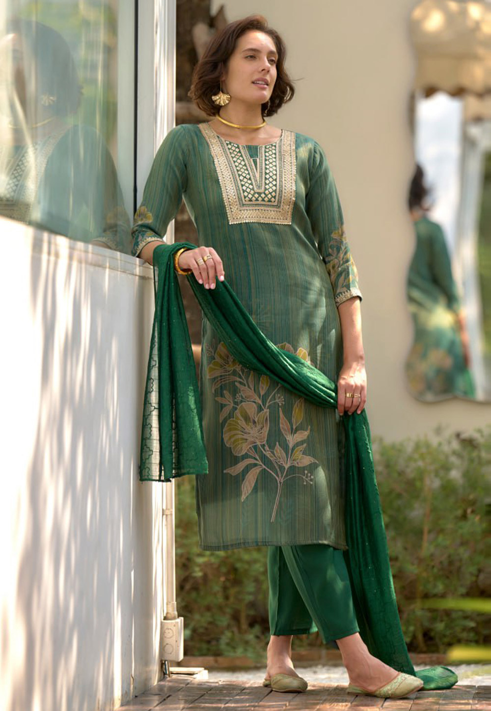 Green Tissue Readymade Pant Style Suit 311986