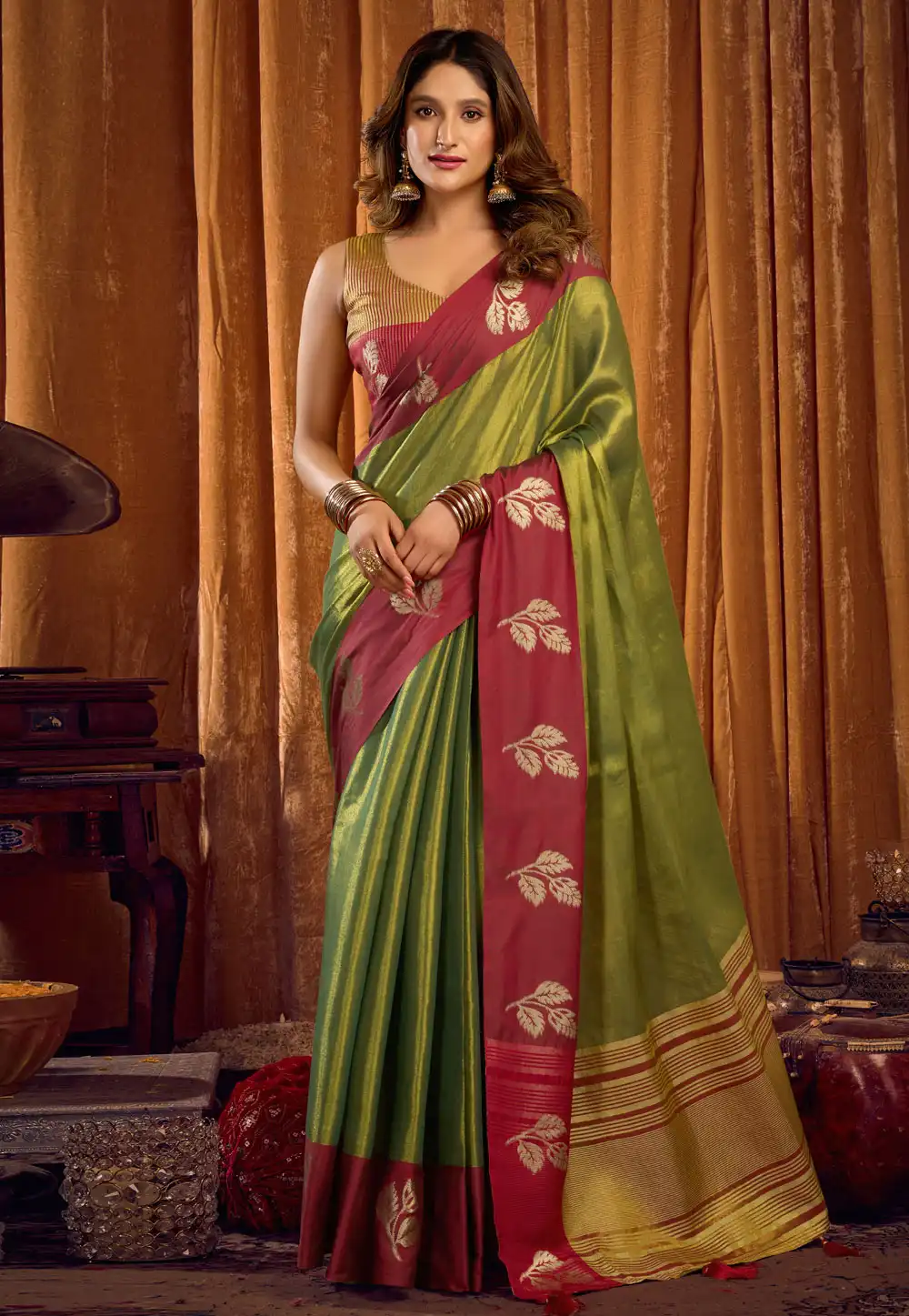 Green Tissue Saree With Blouse 321086
