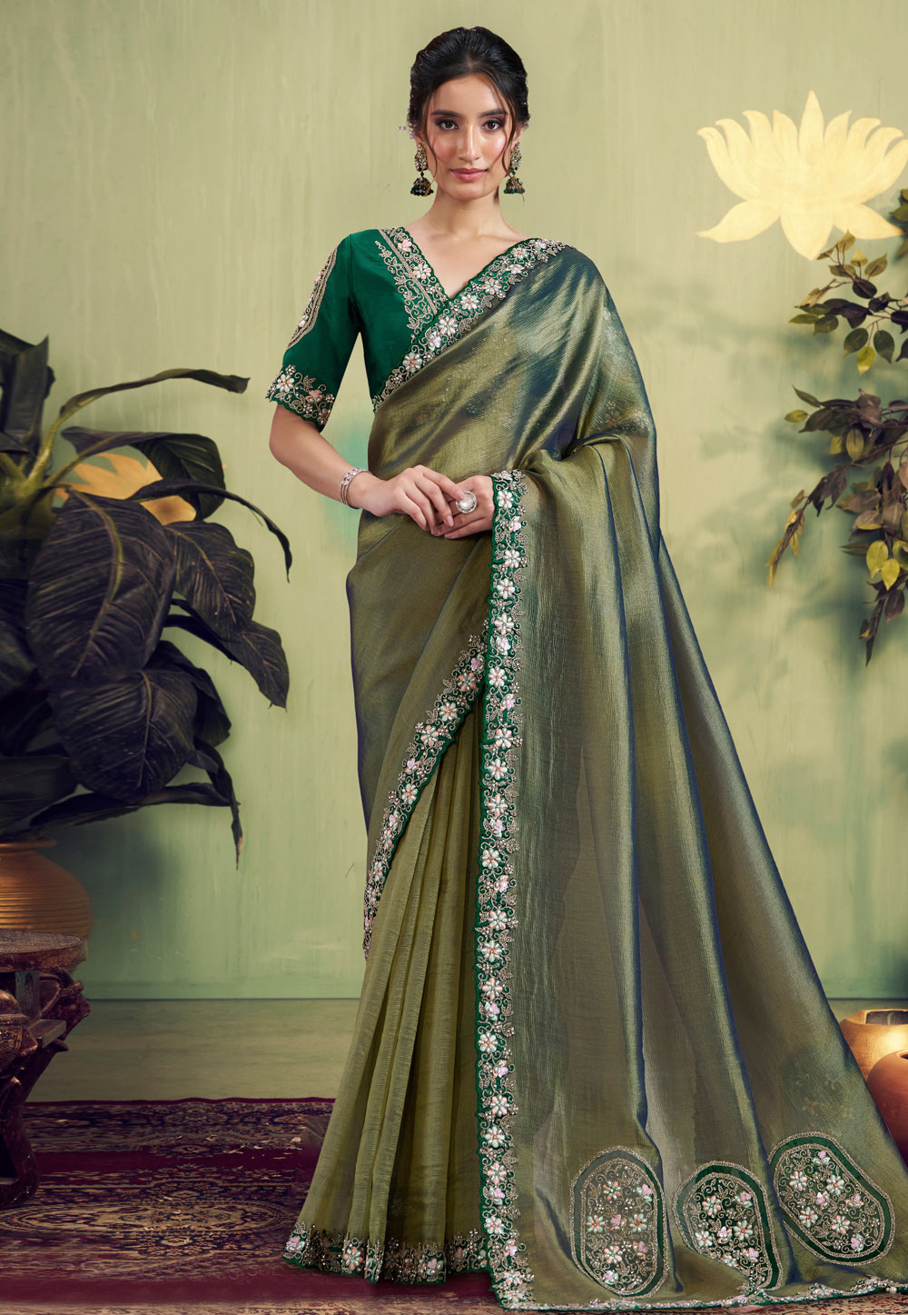 Green Tissue Saree With Blouse 319881