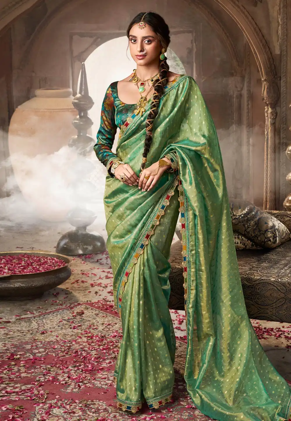 Green Tissue Saree With Blouse 313448