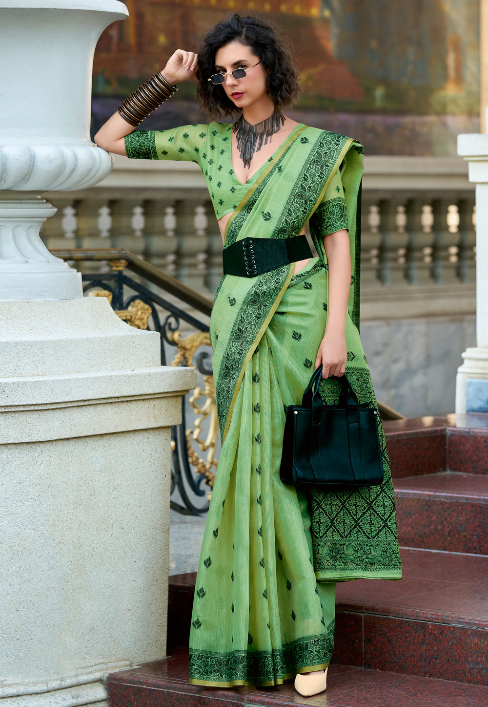 Green Tissue Saree With Blouse 325682