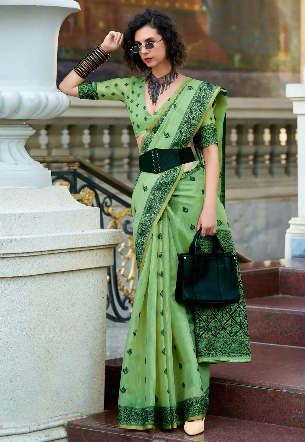 Green Tissue Saree With Blouse 325682