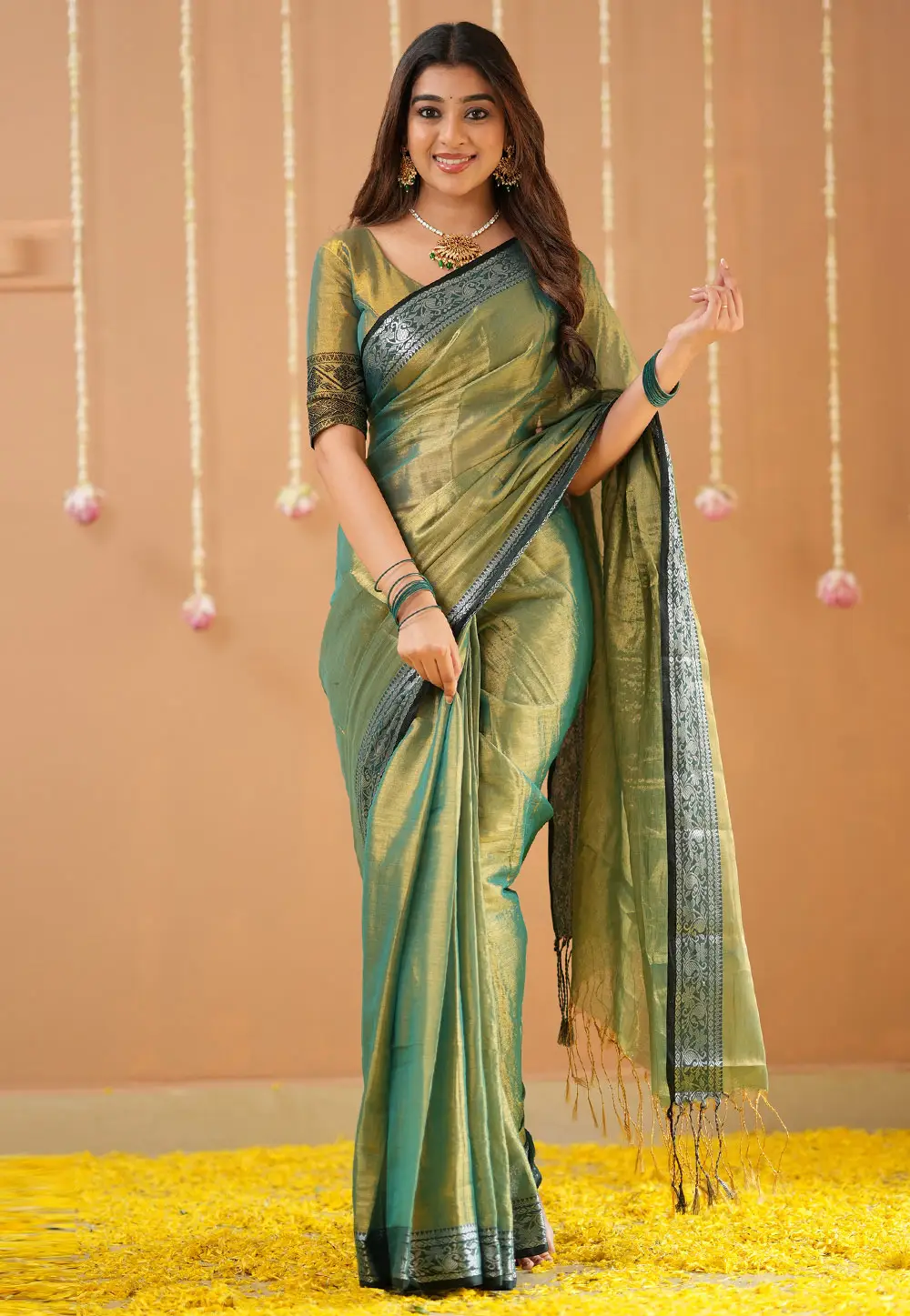 Green Tissue Saree With Blouse 332723