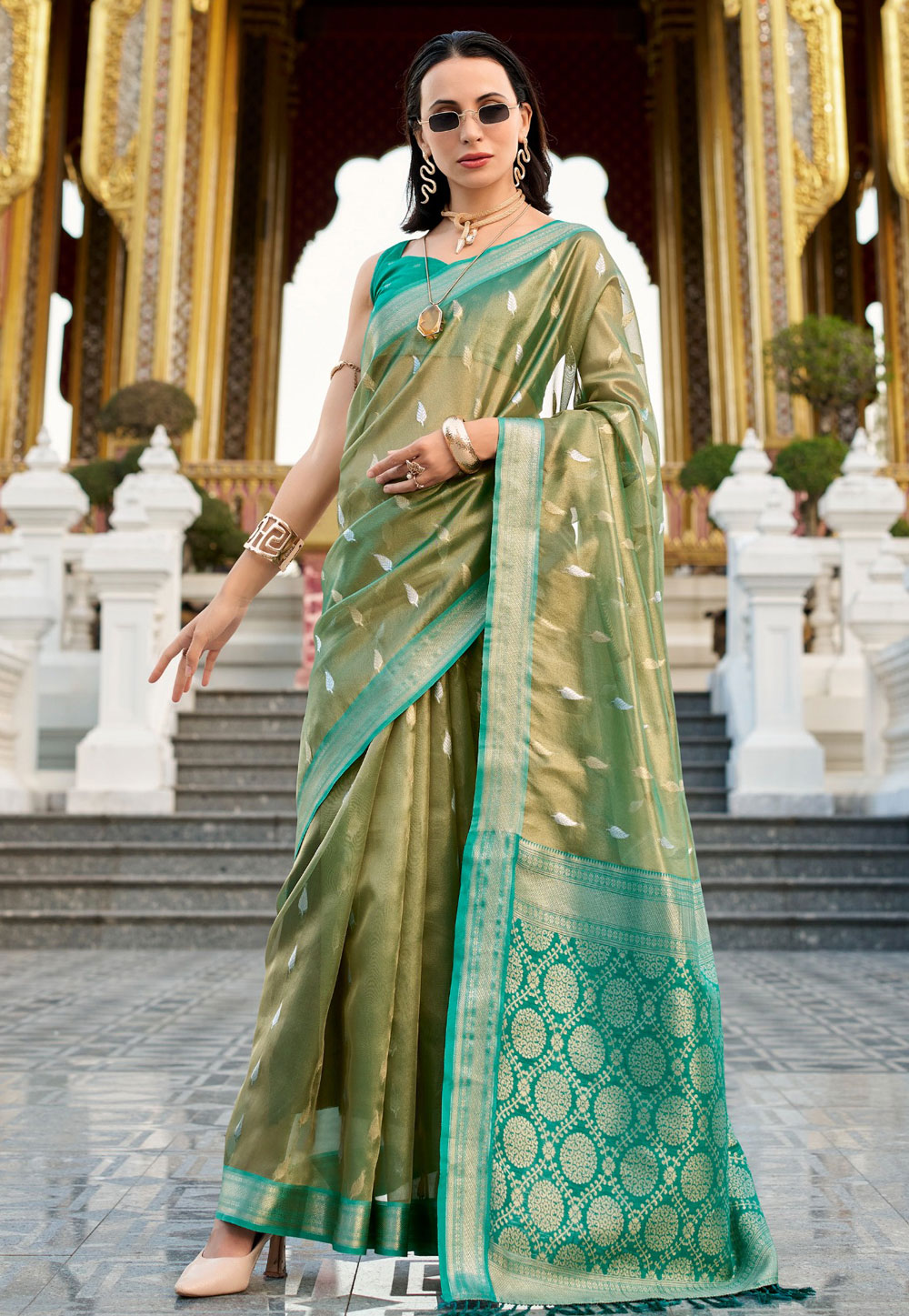 Green Tissue Silk Saree With Blouse 307731
