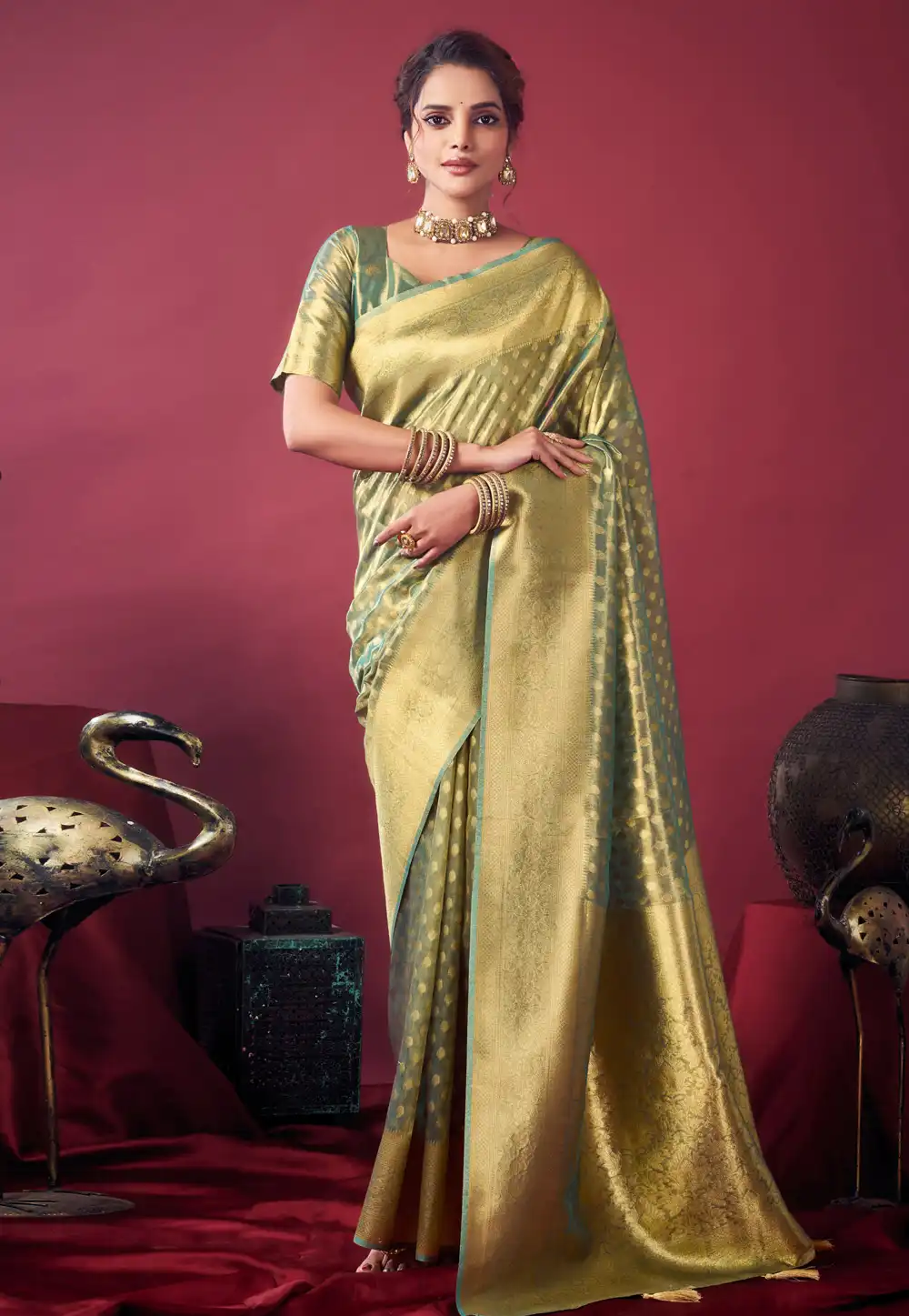 Green Tissue Silk Saree With Blouse 317712