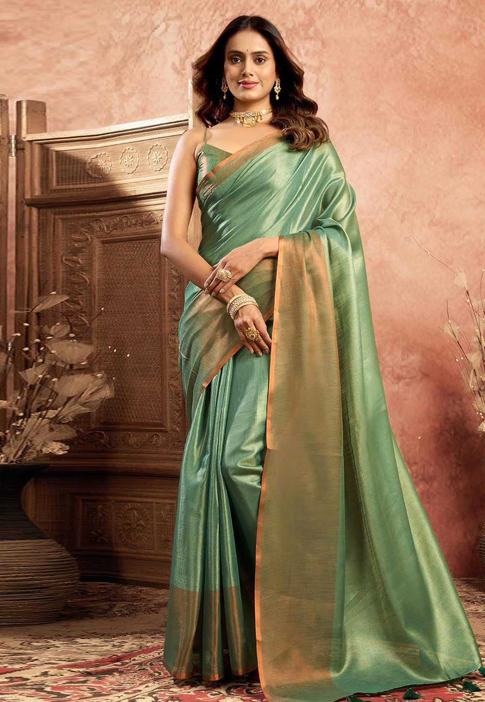 Green Tissue Silk Saree With Blouse 312516