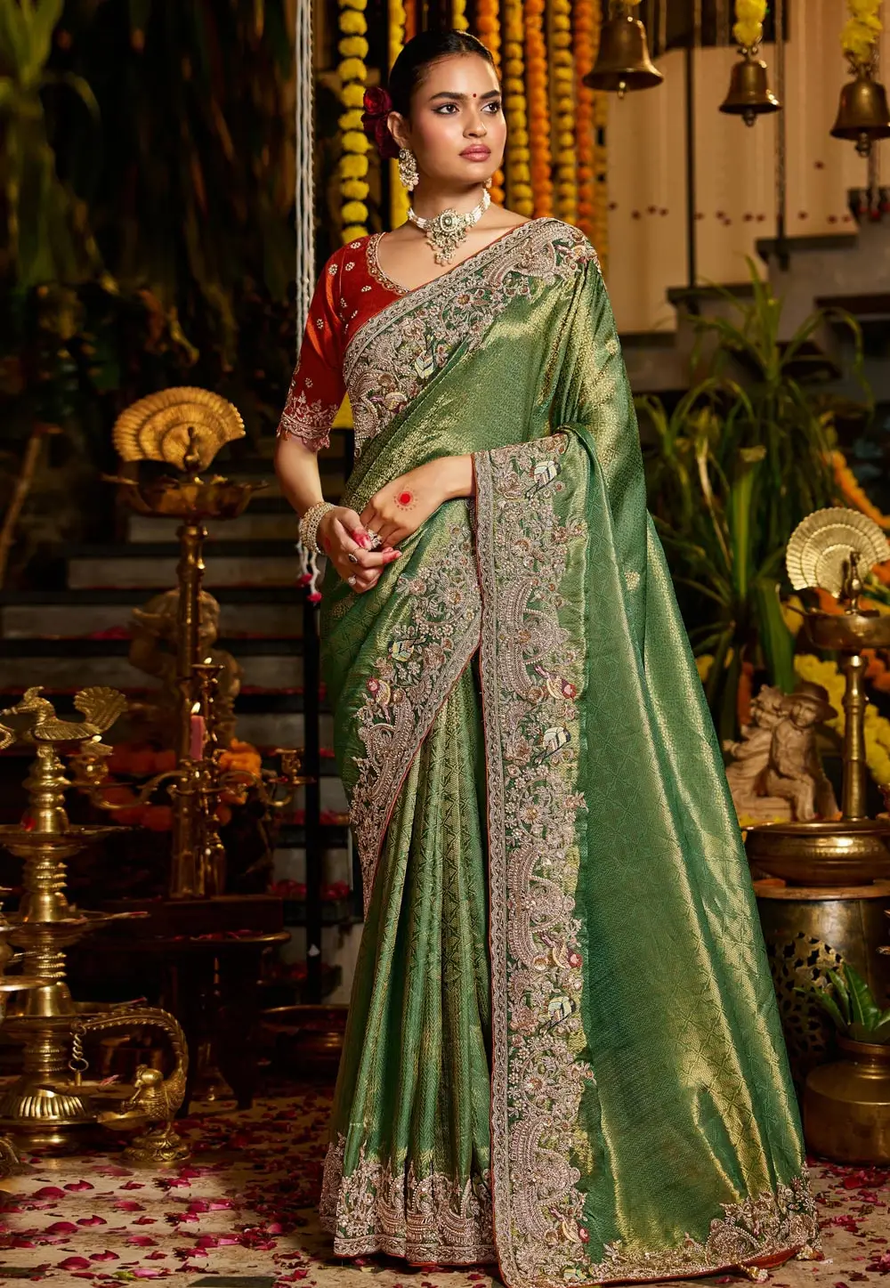 Green Tissue Silk Saree With Blouse 336028