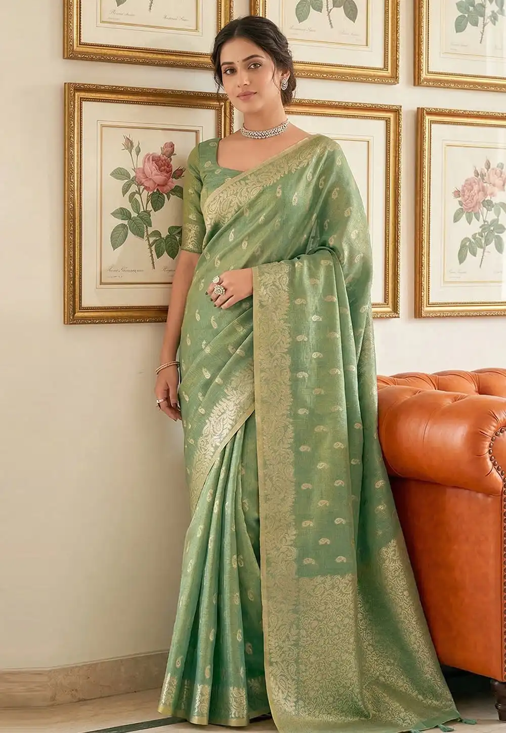 Green Tissue Silk Saree With Blouse 326684