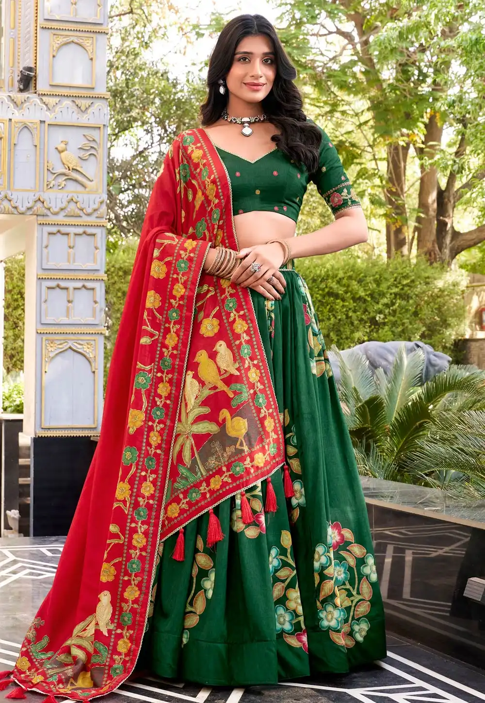 Green Tussar Silk Floral print Lehenga choli 313858