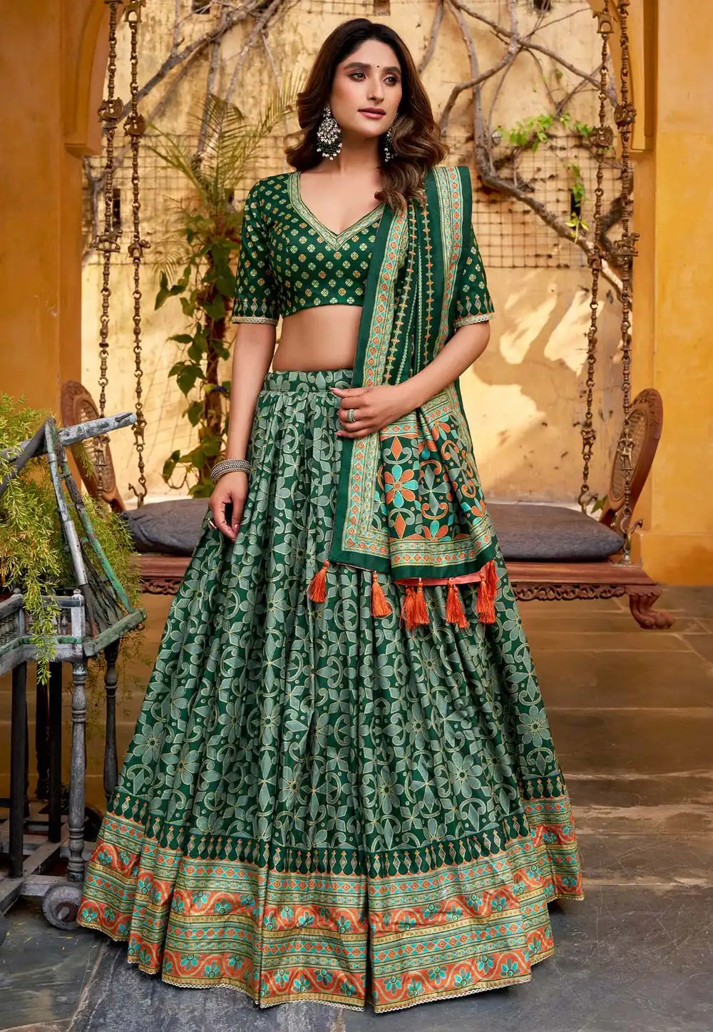 Green Tussar Silk Lehenga Choli 322806