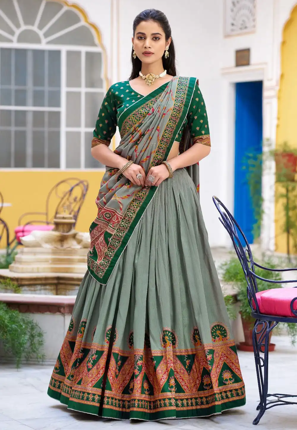 Green Tussar Silk Lehenga Choli 327432