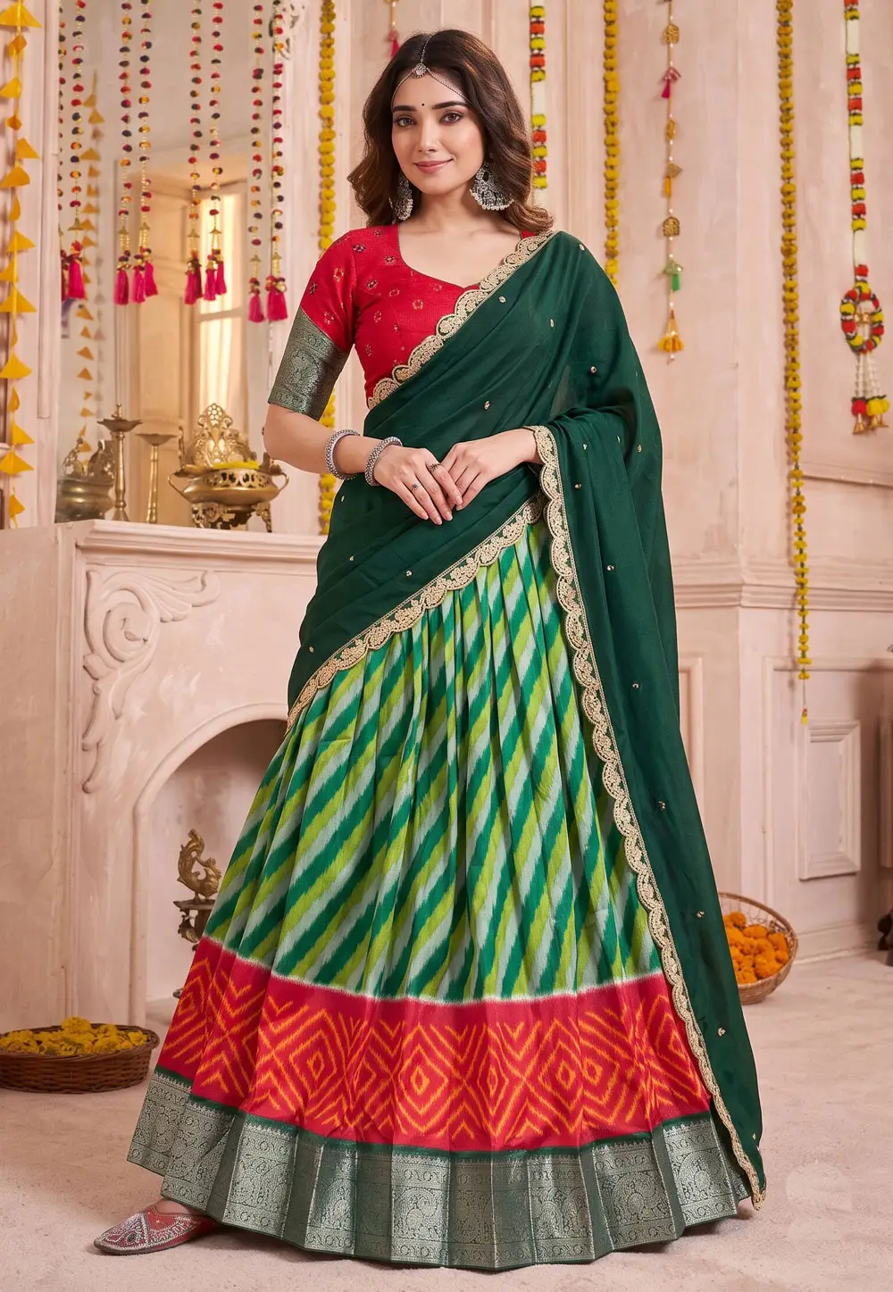 Green Tussar Silk Lehenga Choli 334446