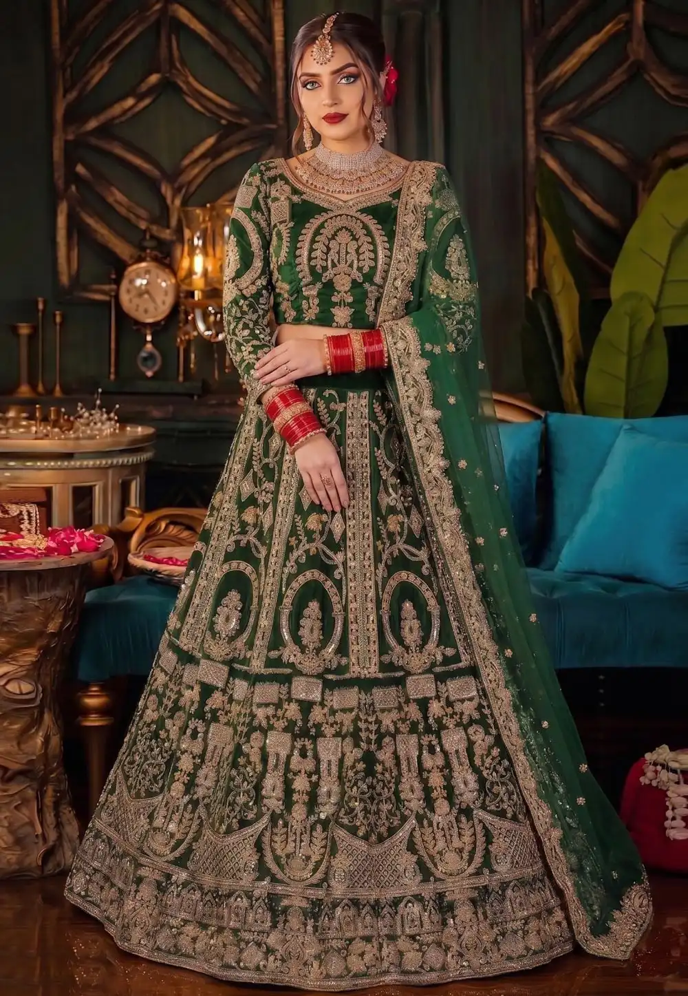 Green Velvet Bridal Lehenga Choli 328945