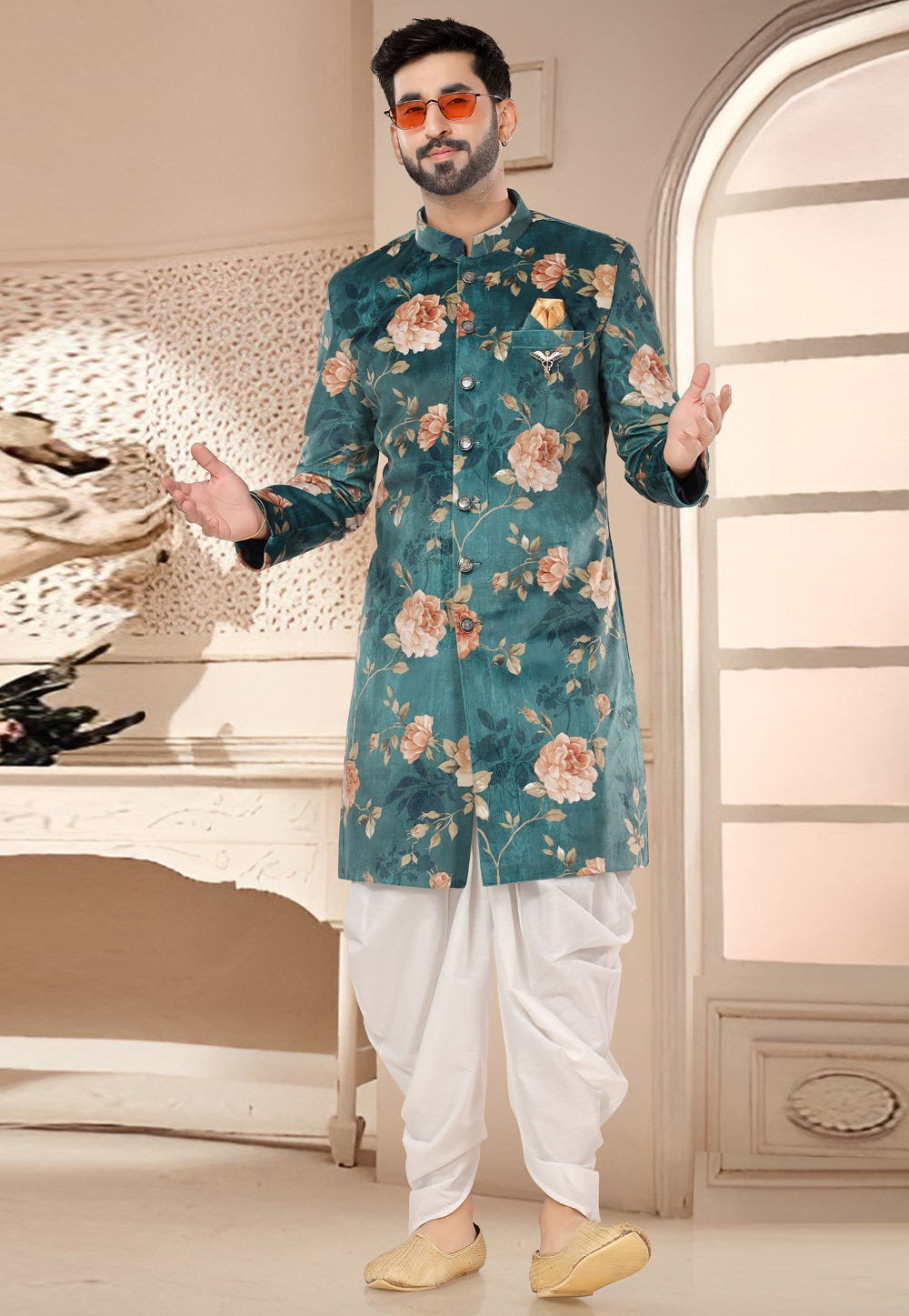 Green Velvet Dhoti Sherwani 285762