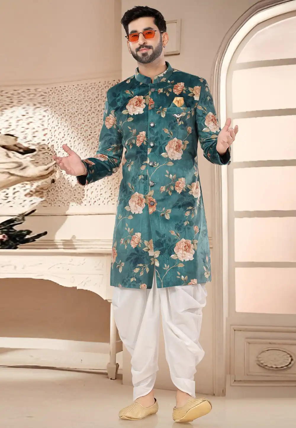 Green Velvet Dhoti Sherwani 285762