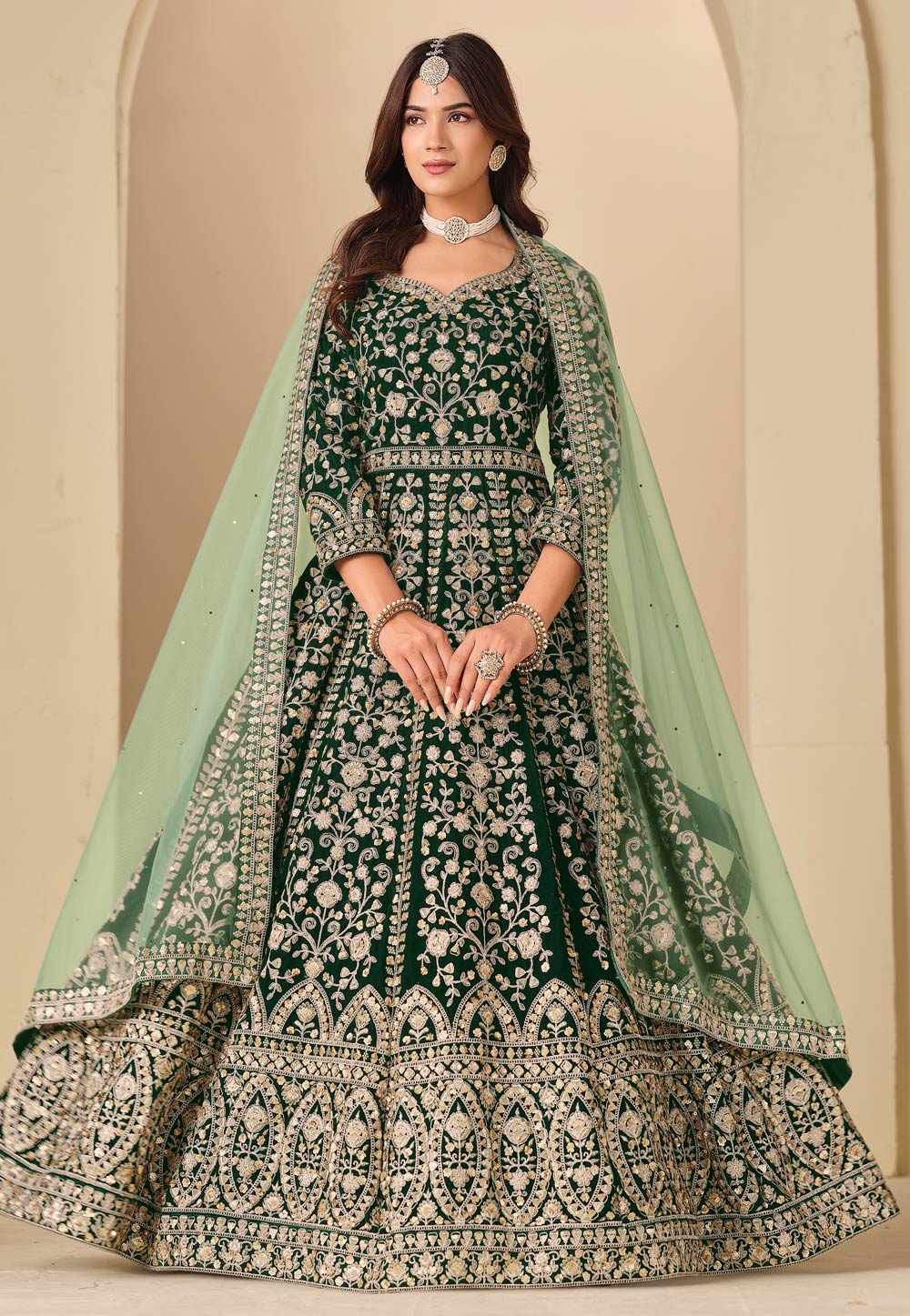 Green Velvet Embroidered Anarkali Suit 323095