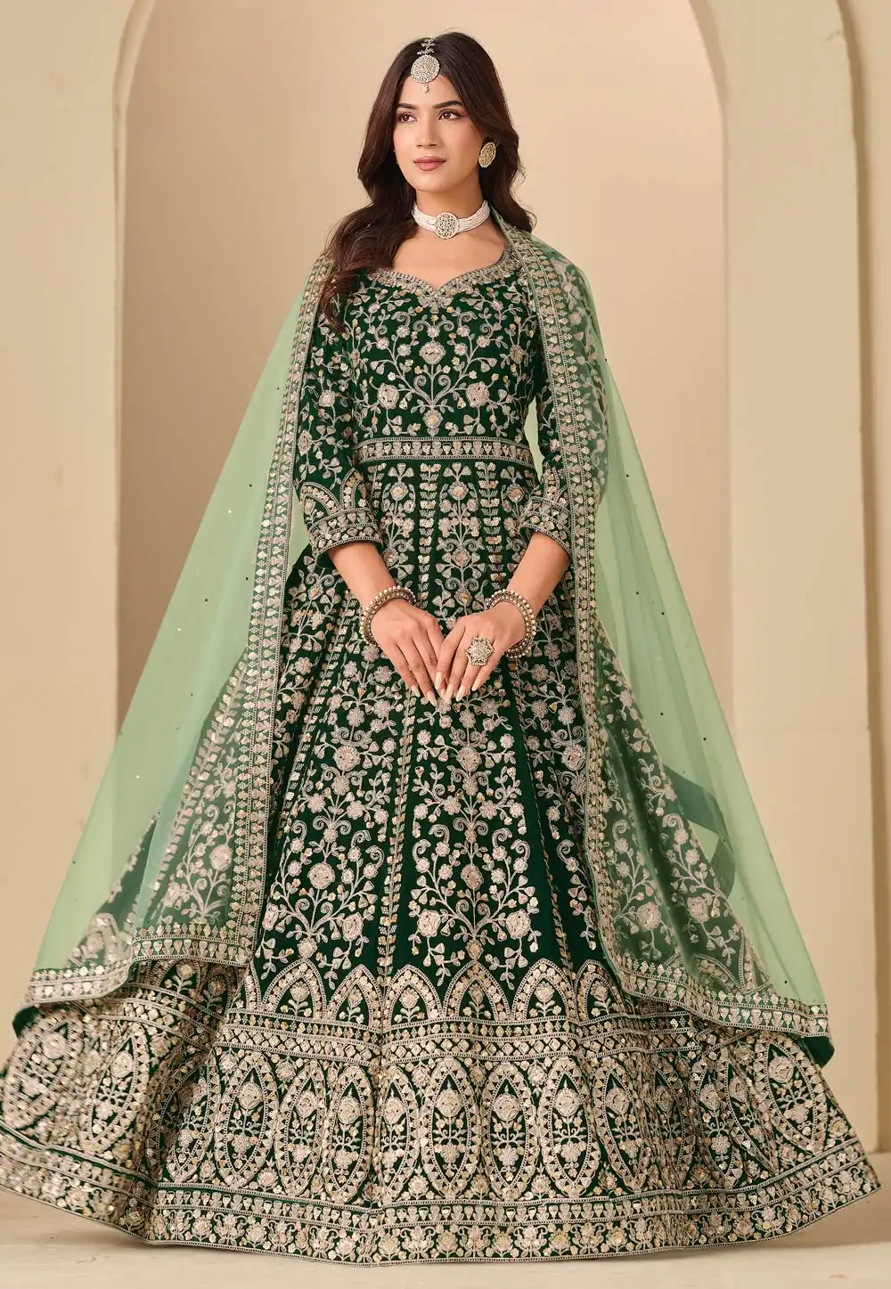 Green Velvet Embroidered Anarkali Suit 323095