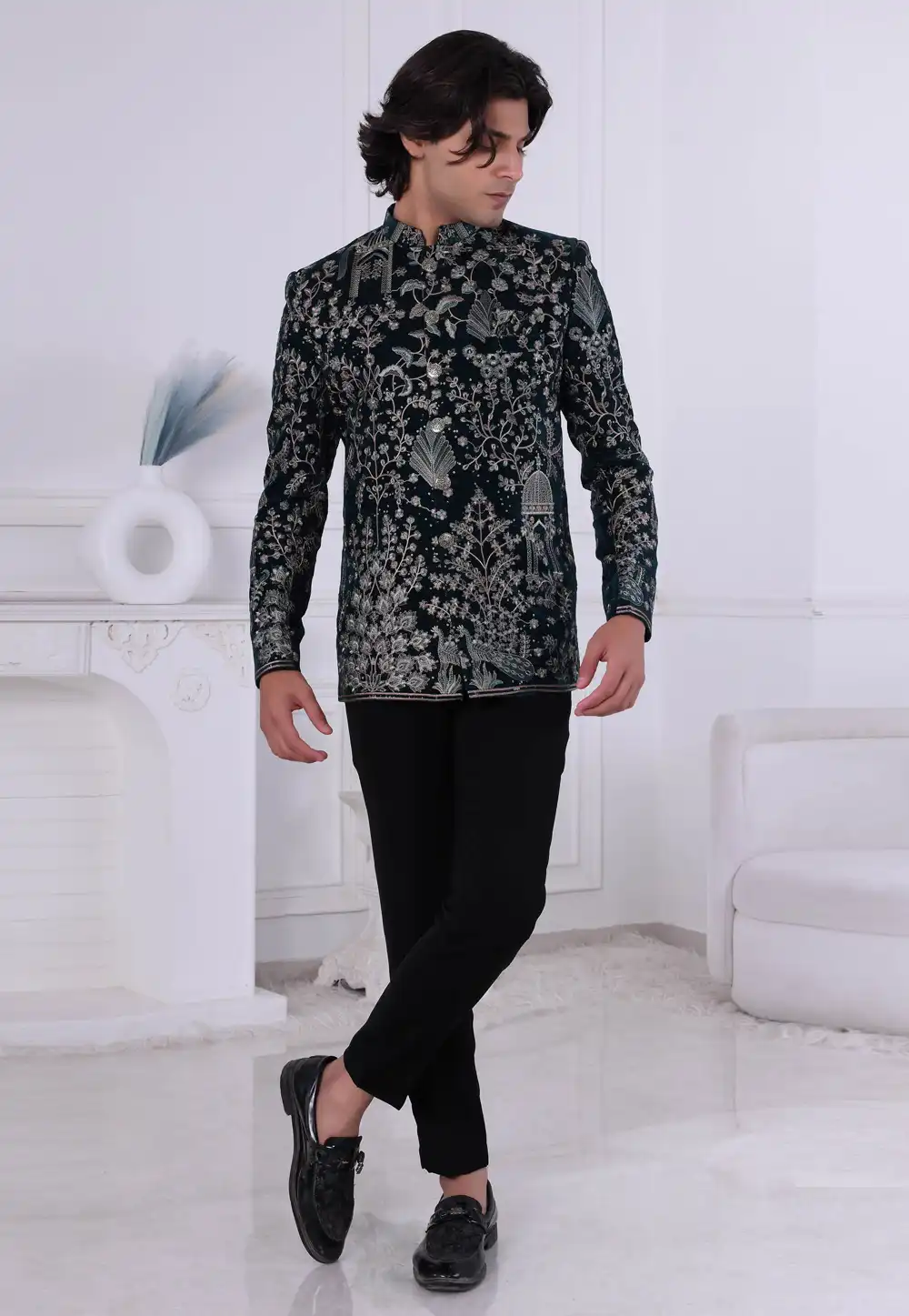 Green Velvet Jodhpuri Suit 315018